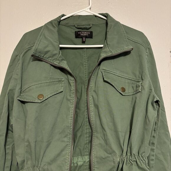 Victoria Secret Utility Jacket Woman LARGE Green Army Style Pockets Zip Cinch - Picture 2 of 7